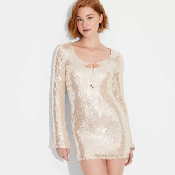 Women's Long Sleeve Sequin Mini Shift Holiday Dress - Wild Fable Champagne - Picture 1 of 3